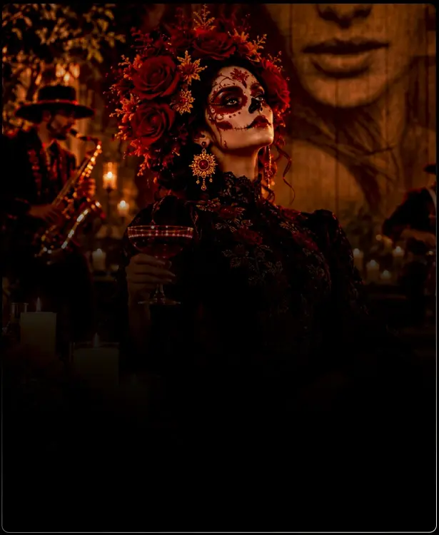 catrina con copa coctelera y al fondo un saxofonista