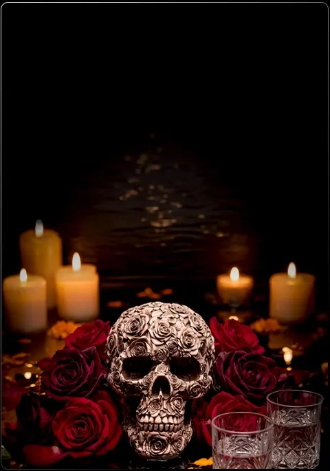 banner decoración de día de muertos con una calavera y dos shots de tequila