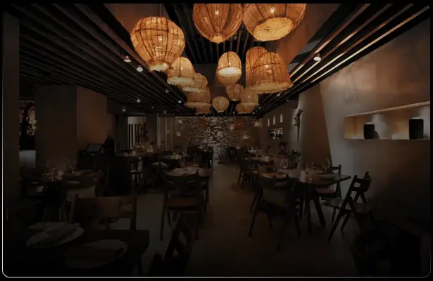 Restaurante Taboo Polanco iluminado con lámparas colgantes