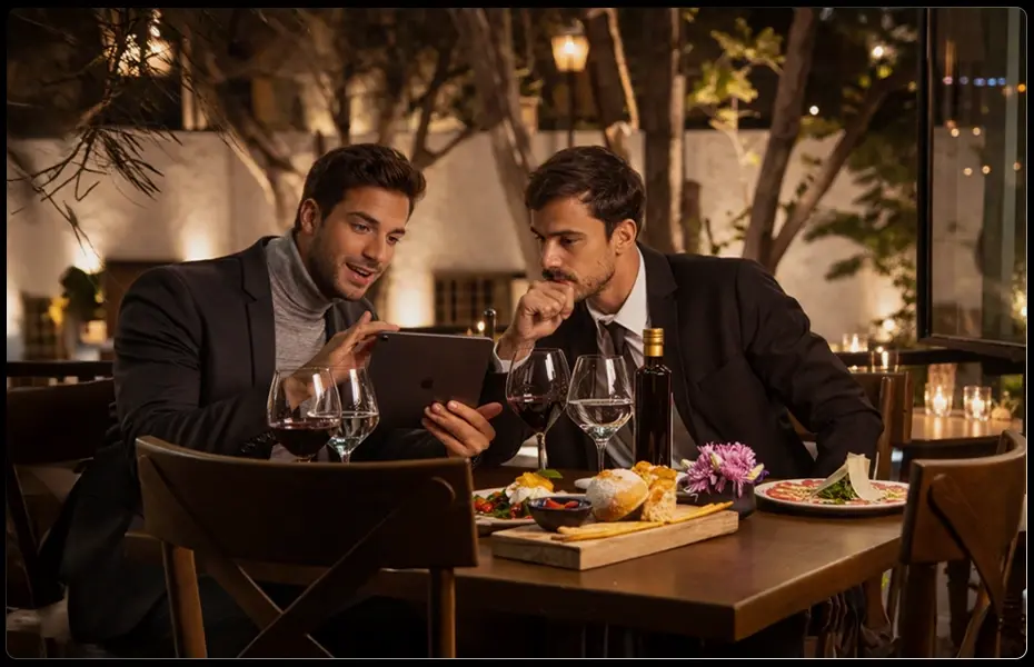 Dos hombres de negocios mirando una tableta en un restaurante