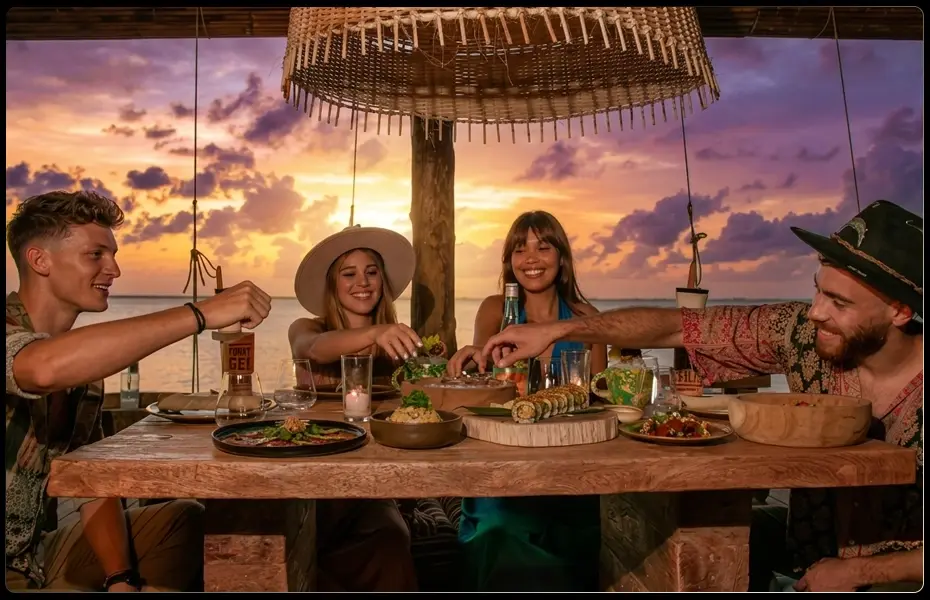 Amigos compartiendo una cena al atardecer en Funky Geisha Cancún