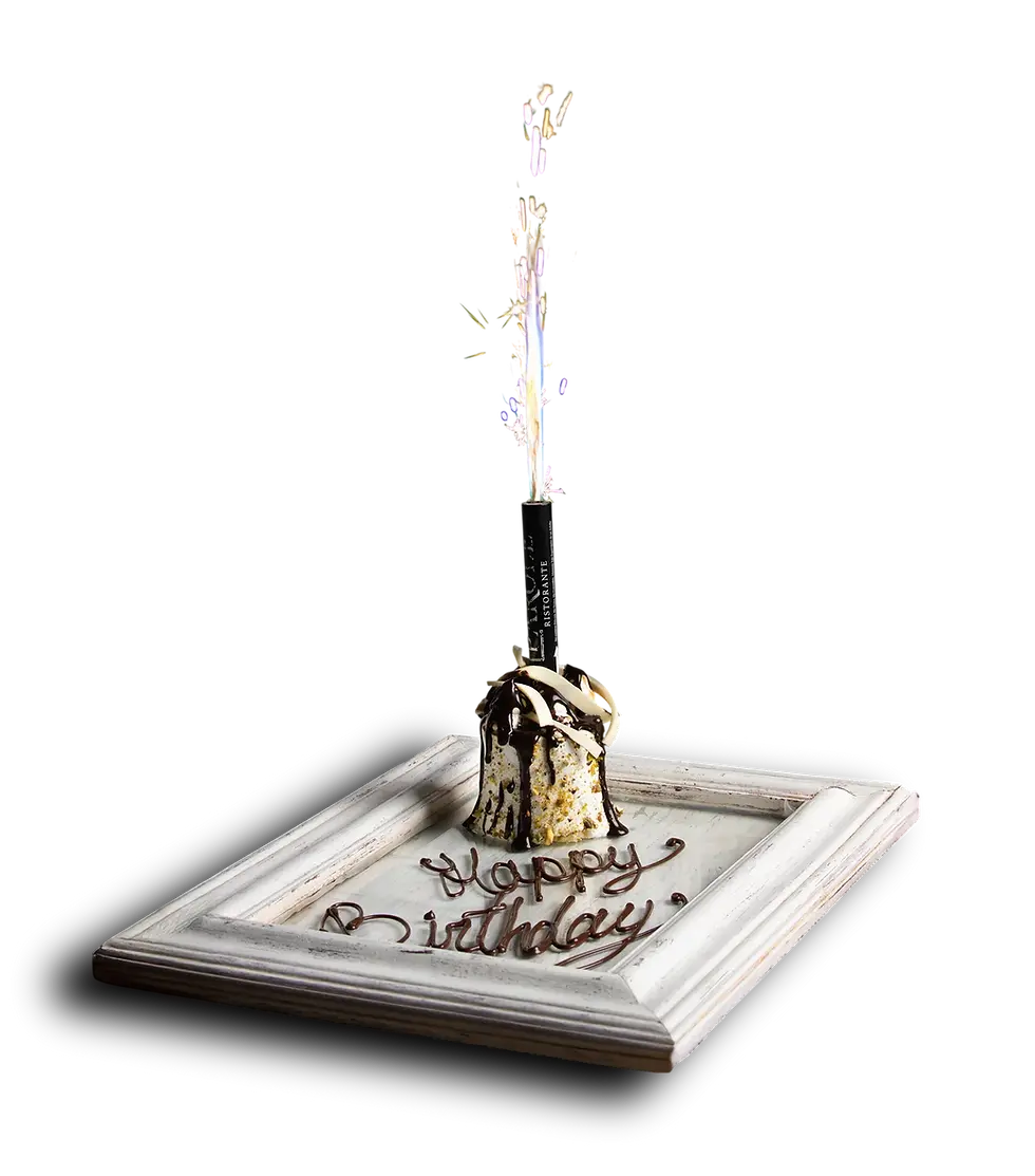 Vela de bengala encendida en pastel individual sobre plato con mensaje Happy Birthday