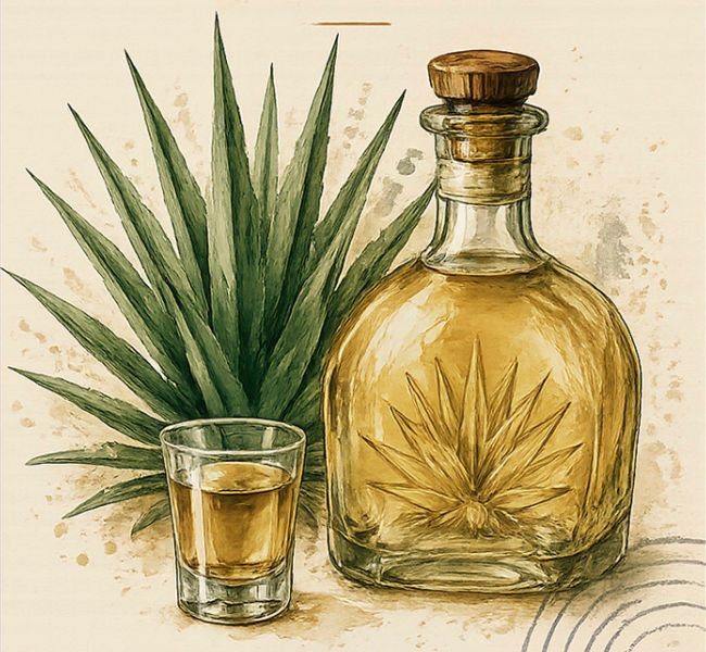Agave, tequila bottle, and a rocks glass with tequila on a light background, watercolor style.