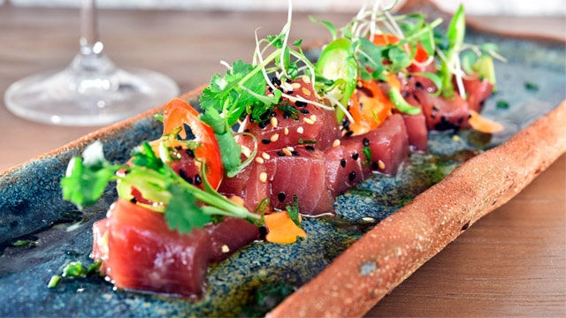 Dishes and fresh seafood
