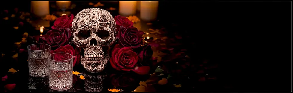 Day of the Dead banner in Los Cabos featuring a decorative skull and tequila shots