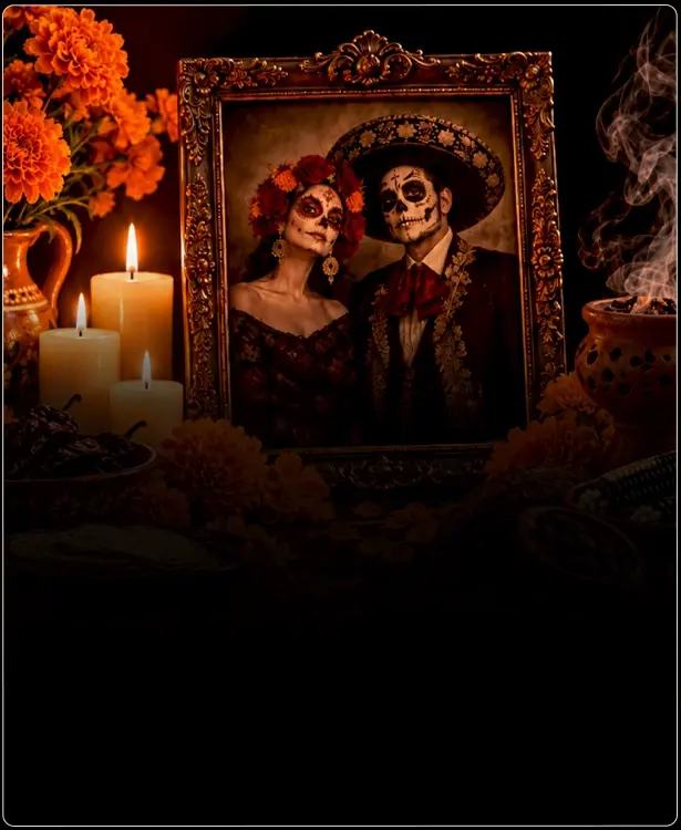 Photo of a couple dressed for Day of the Dead, with traditional altar decorations
