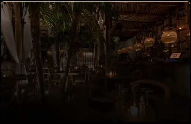 Nighttime atmosphere with palm trees and warm lights in Tulum