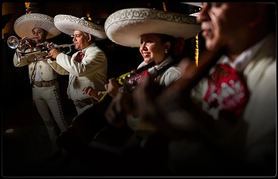 Mariachis playing trumpets on September 15th in Cancun