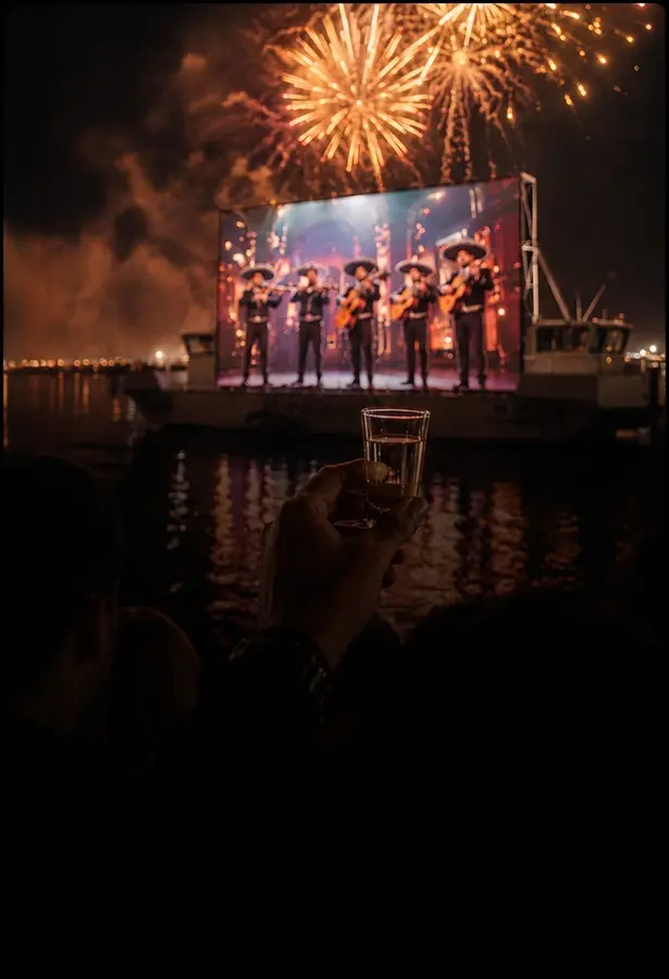 Giant screen over the lagoon at Tora restaurant